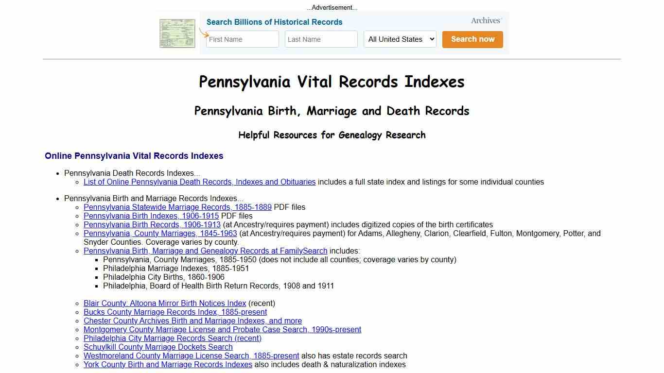 Pennsylvania Vital Records Indexes - Birth, Marriage & Death Records