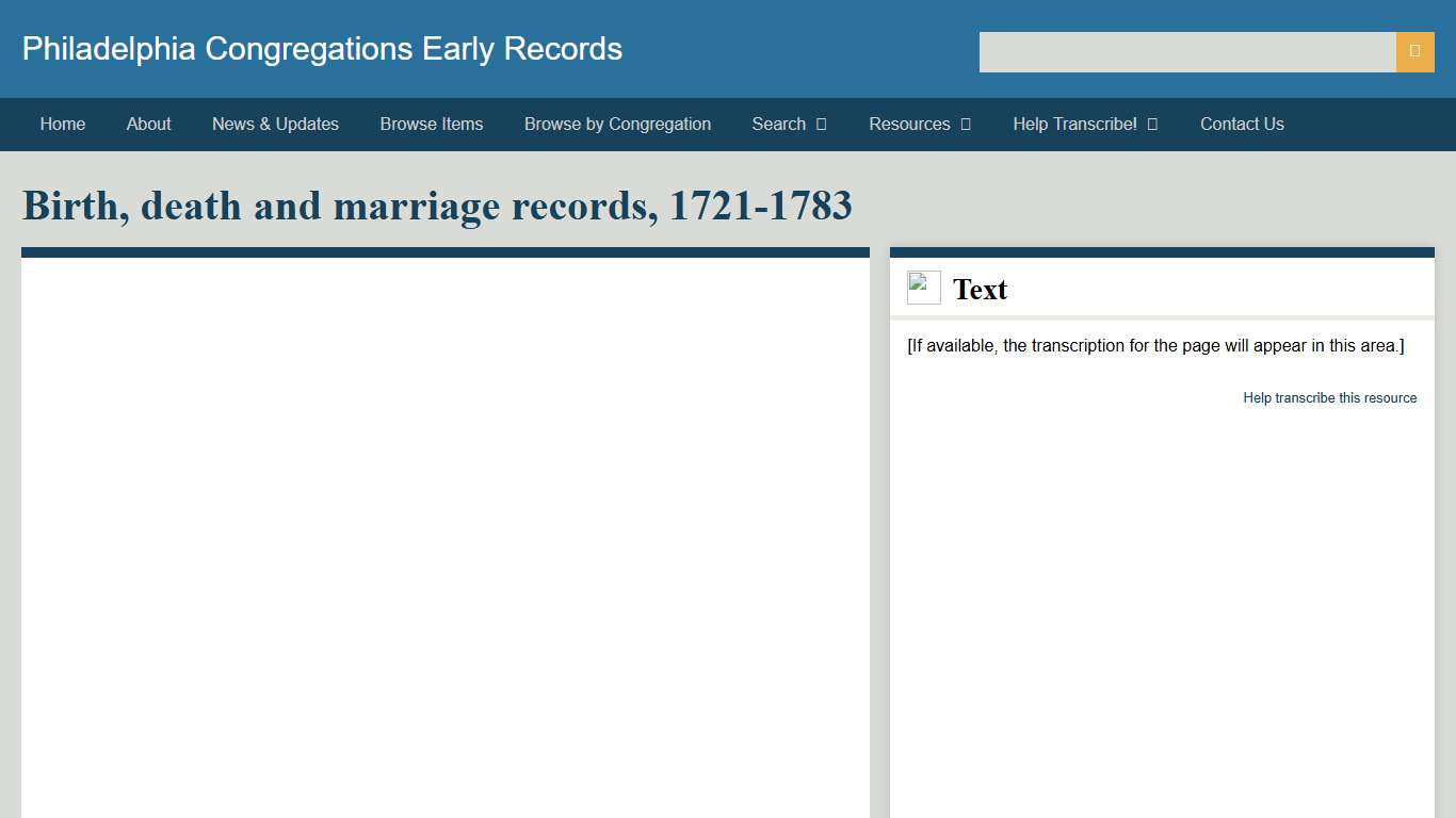 Birth, death and marriage records, 1721-1783 · Philadelphia Congregations Early Records