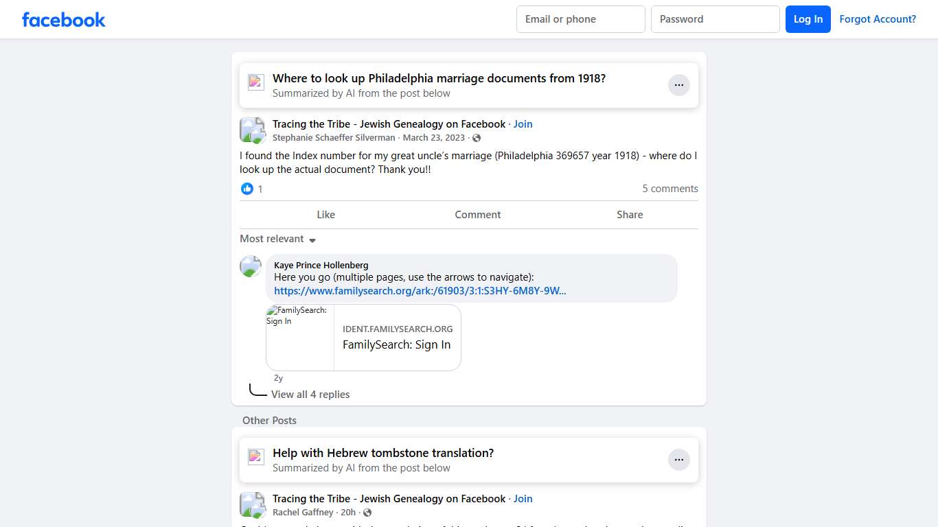 Tracing the Tribe - Jewish Genealogy on Facebook | I found the Index number for my great uncle’s marriage (Philadelphia 369657 year 1918) - where do I look up the actual document | Facebook